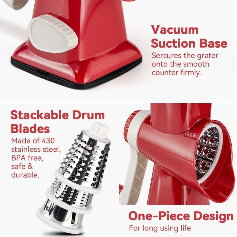 Maxceysen 3 in 1 Manual Vegetable Cutter Machine with Stainless Steel Changeable Blades Rotary Cheese Grater Kitchen Tool Potato Slicer Shredder Nuts Chocolate Chopper (Red white) - Image 5
